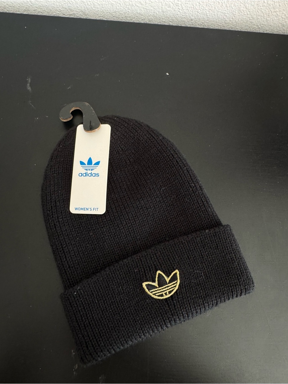 adidas Black Knit Beanie with Gold Trefoil Accent, 30% Wool